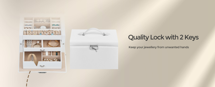 SONGMICS Cutie de bijuterii pe 3 nivele, 2 sertare, maner, inchidere cu cheie, 18x26x17cm, alb [4]