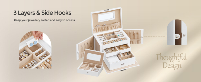 SONGMICS Cutie de bijuterii pe 3 nivele, 2 sertare, maner, inchidere cu cheie, 18x26x17cm, alb [7]