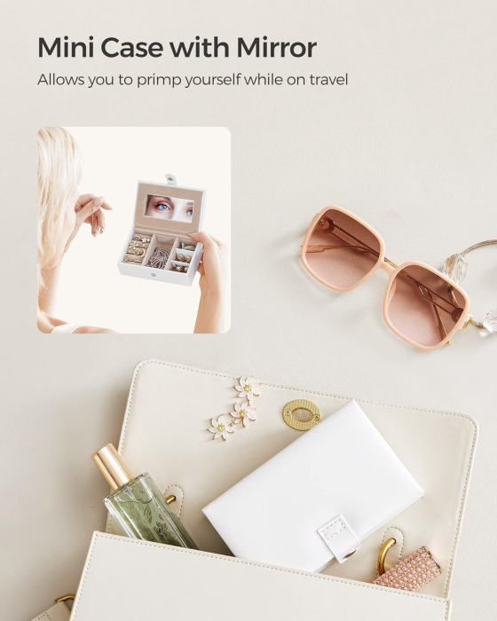 SONGMICS Cutie de bijuterii pe 3 nivele, 2 sertare, maner, inchidere cu cheie, 18x26x17cm, alb [11]