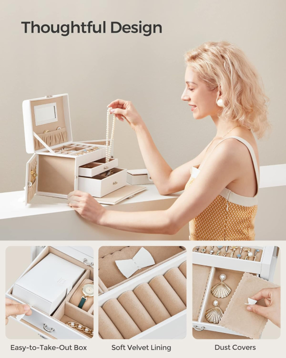 SONGMICS Cutie de bijuterii pe 3 nivele, 2 sertare, maner, inchidere cu cheie, 18x26x17cm, alb [13]