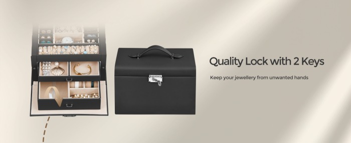 SONGMICS Cutie de bijuterii pe 3 nivele, cu 2 sertare, oglinda, maner, inchidere cu cheie, 18x26x17cm, negru [4]