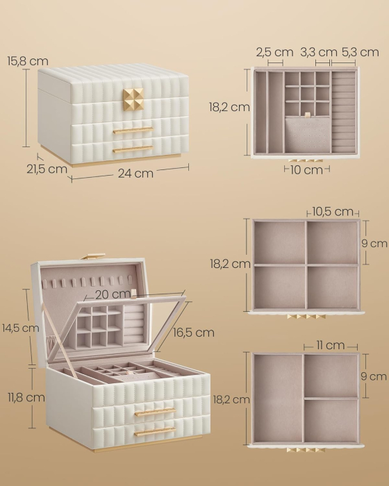 SONGMICS Cutie de bijuterii pe 3 nivele, cu oglinda si tavi detasabile, 22x24x16 cm, alb crem [5]