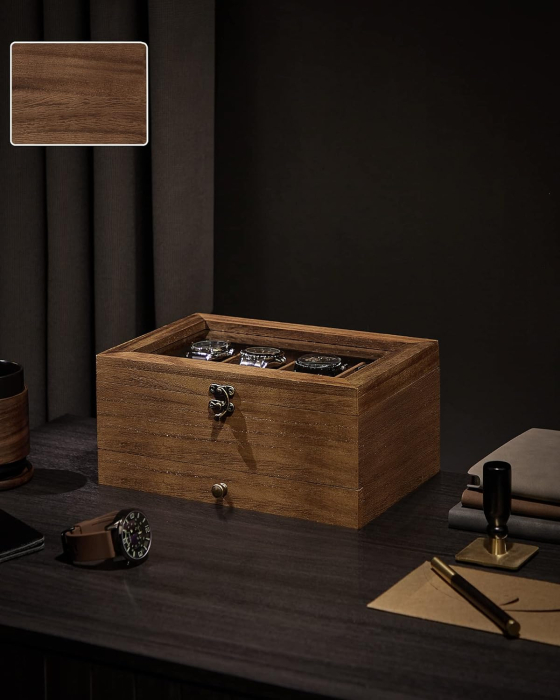 SONGMICS Cutie de ceasuri din lemn masiv, 8 compartimente si sertar bijuterii, 19x27x13cm, nuc rustic [4]