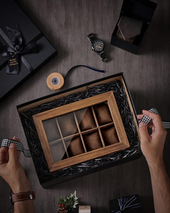 SONGMICS Cutie de ceasuri din lemn masiv, 8 compartimente si sertar bijuterii, 19x27x13cm, nuc rustic [7]