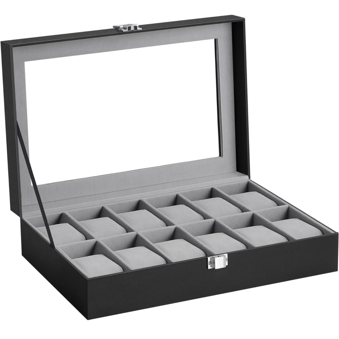 SONGMICS Cutie depozitare si organizare ceasuri, cu 12 locuri, piele sintetica, cu capac de sticla, 20x30x8cm, negru [1]