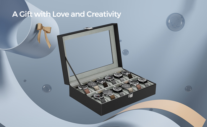 SONGMICS Cutie depozitare si organizare ceasuri, cu 12 locuri, piele sintetica, cu capac de sticla, 20x30x8cm, negru [2]