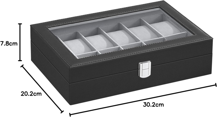 SONGMICS Cutie depozitare si organizare ceasuri, cu 12 locuri, piele sintetica, cu capac de sticla, 20x30x8cm, negru [4]