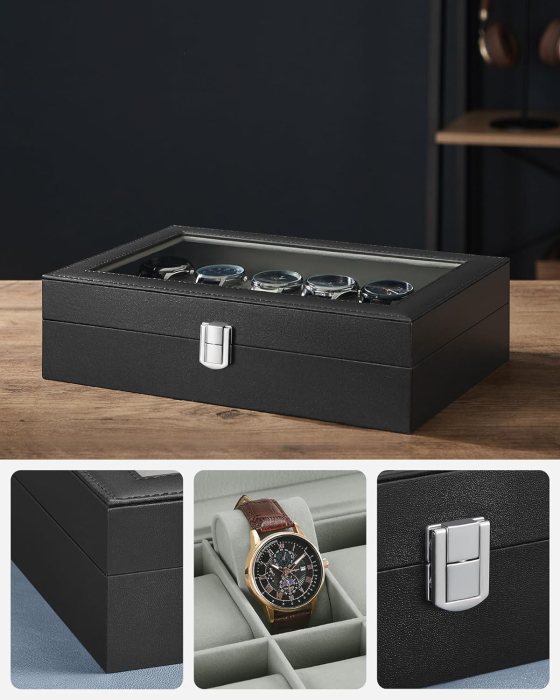 SONGMICS Cutie depozitare si organizare ceasuri, cu 12 locuri, piele sintetica, cu capac de sticla, 20x30x8cm, negru [6]