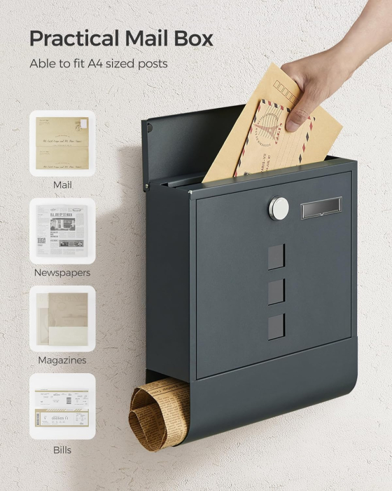 SONGMICS Cutie postala de exterior, pentru gard sau perete, din otel zincat, cu incuietoare, 31x10x34cm, gri [4]