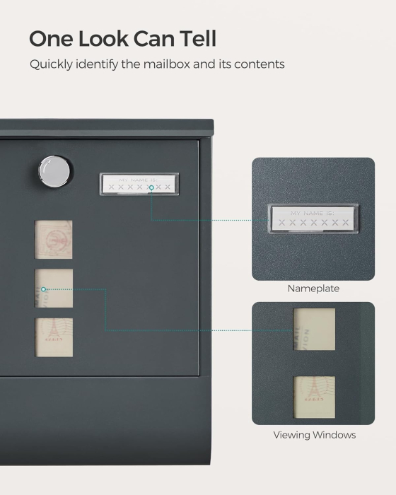 SONGMICS Cutie postala de exterior, pentru gard sau perete, din otel zincat, cu incuietoare, 31x10x34cm, gri [5]