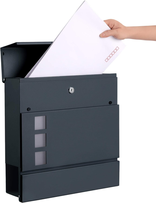 SONGMICS Cutie postala de exterior, pentru gard sau perete, din otel zincat, cu incuietoare, 37x11x37cm, gri [3]