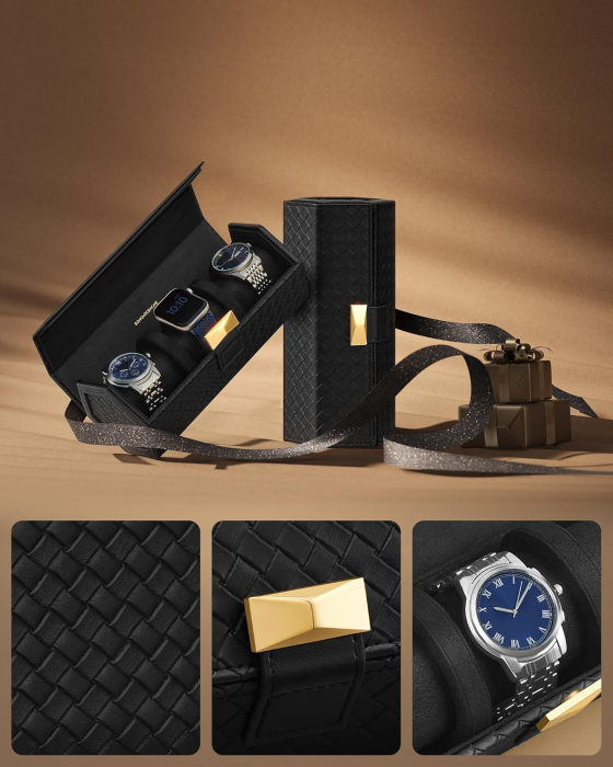 SONGMICS Cutie voiaj ceasuri Ronne, 3 compartimente + spatiu ascuns, 21x10x9 cm, negru [5]