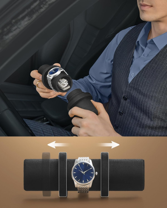 SONGMICS Cutie voiaj ceasuri Ronne, 3 compartimente + spatiu ascuns, 21x10x9 cm, negru [3]