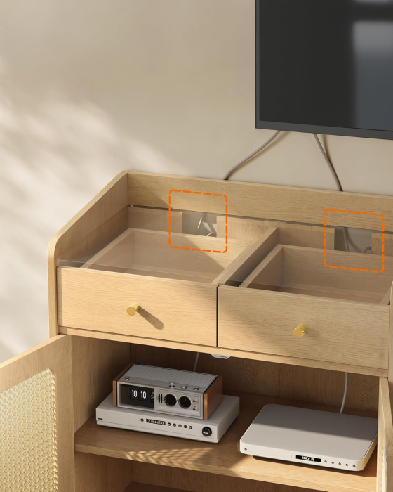 SONGMICS Dulap 70x40x90 cm, cu 2 sertare, raft reglabil si usi duble, MDF si lemn masiv, stil boho, stejar bej [5]