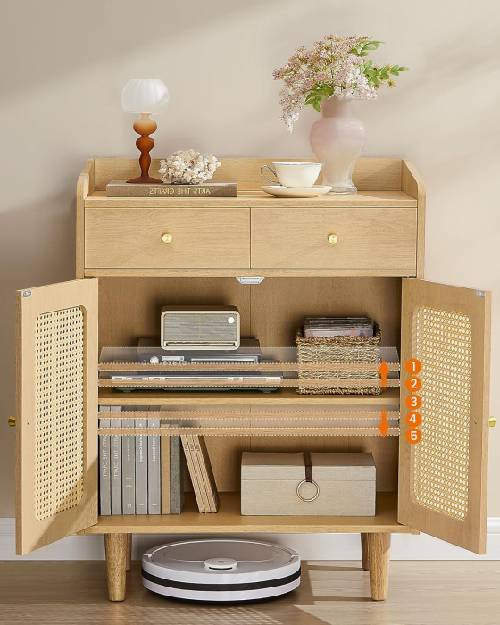 SONGMICS Dulap 70x40x90 cm, cu 2 sertare, raft reglabil si usi duble, MDF si lemn masiv, stil boho, stejar bej [6]