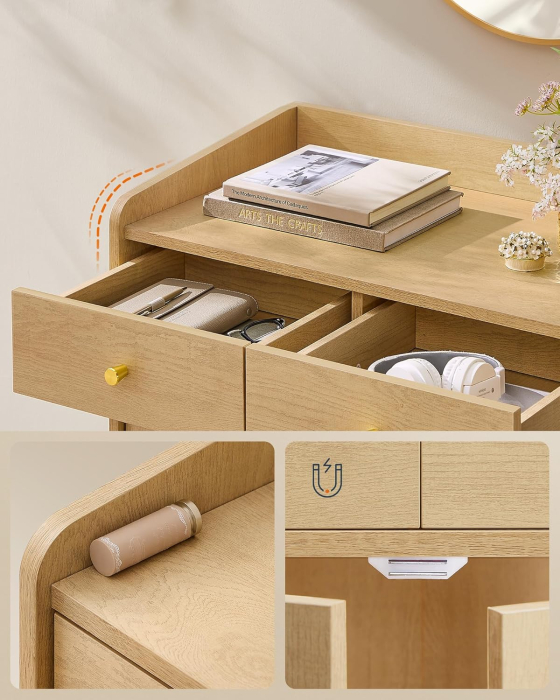 SONGMICS Dulap 70x40x90 cm, cu 2 sertare, raft reglabil si usi duble, MDF si lemn masiv, stil boho, stejar bej [7]