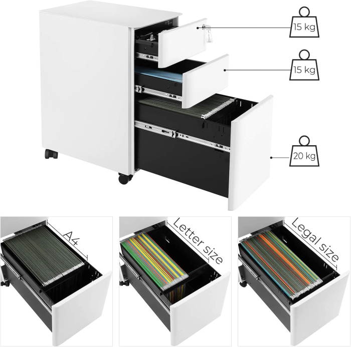 SONGMICS Dulap birou rollbox, cu 3 sertare si roti, corp metalic preasamblat cu incuietoare, pentru documente A4, 46x30x59 cm, alb [8]