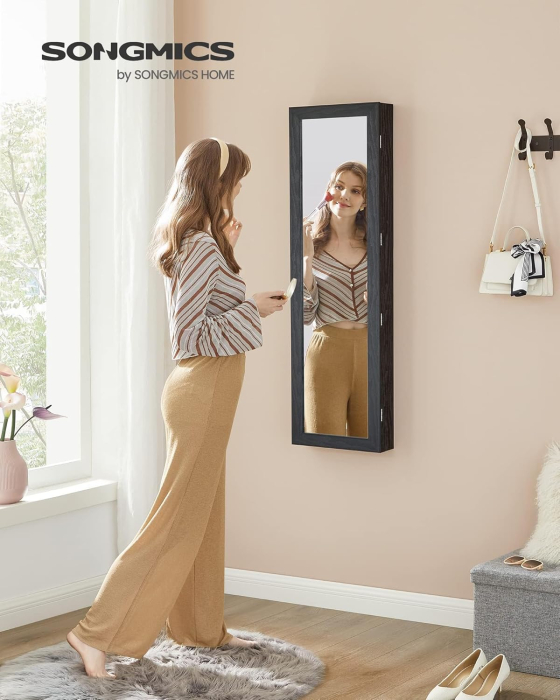 SONGMICS Dulap de bijuterii cu oglinda, din MDF, montare pe perete, 37x10x120 cm, negru [2]