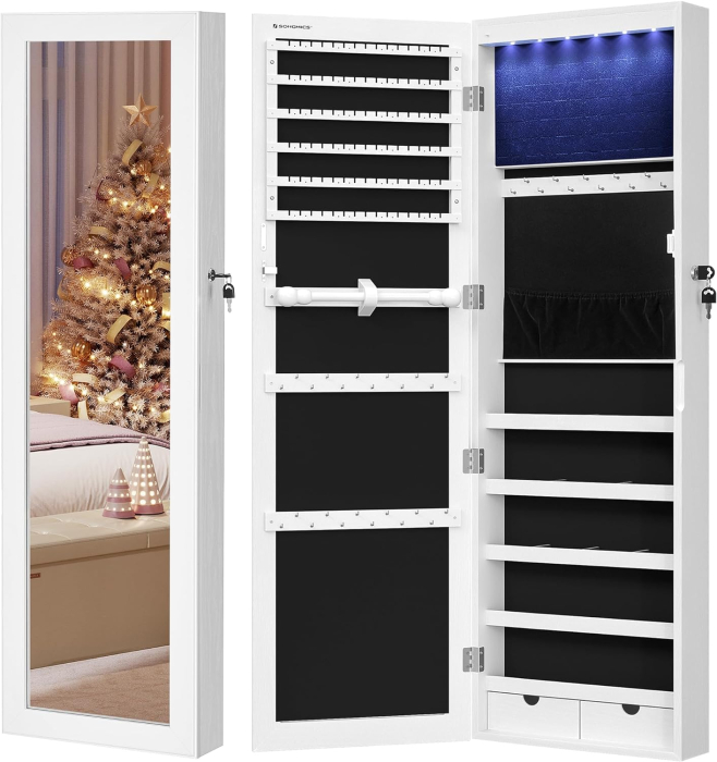SONGMICS Dulap de bijuterii cu oglinda, montare pe perete, incuietoare, 37x10x120cm, alb [2]