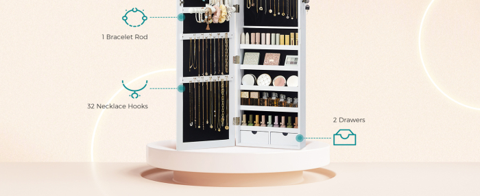 SONGMICS Dulap de bijuterii cu oglinda, montare pe perete, incuietoare, 37x10x120cm, alb [9]