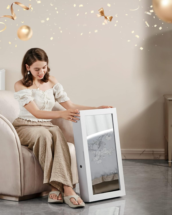 SONGMICS Dulap de bijuterii cu oglinda, montare pe perete, incuietoare, 37x11x67cm, alb [5]