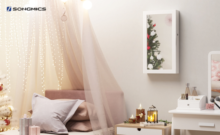 SONGMICS Dulap de bijuterii cu oglinda, montare pe perete, incuietoare, 37x11x67cm, alb [2]