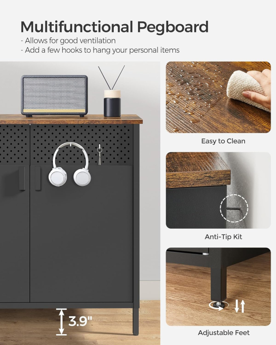 SONGMICS Dulap de depozitare 80x40x76 cm, negru si maro rustic, stil industrial, otel si PAL, cu 2 usi, 1 sertar si panou perforat [6]