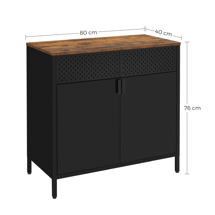 SONGMICS Dulap de depozitare 80x40x76 cm, negru si maro rustic, stil industrial, otel si PAL, cu 2 usi, 1 sertar si panou perforat [4]