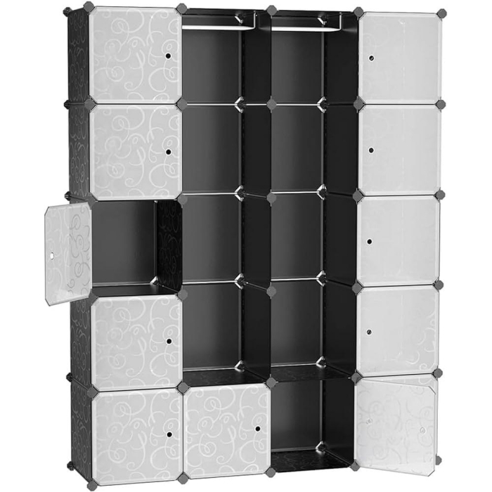 SONGMICS Dulap de depozitare modular, 12 compartimente inchise, 2 sine pentru umerase, 178x143x36cm, negru si alb [1]