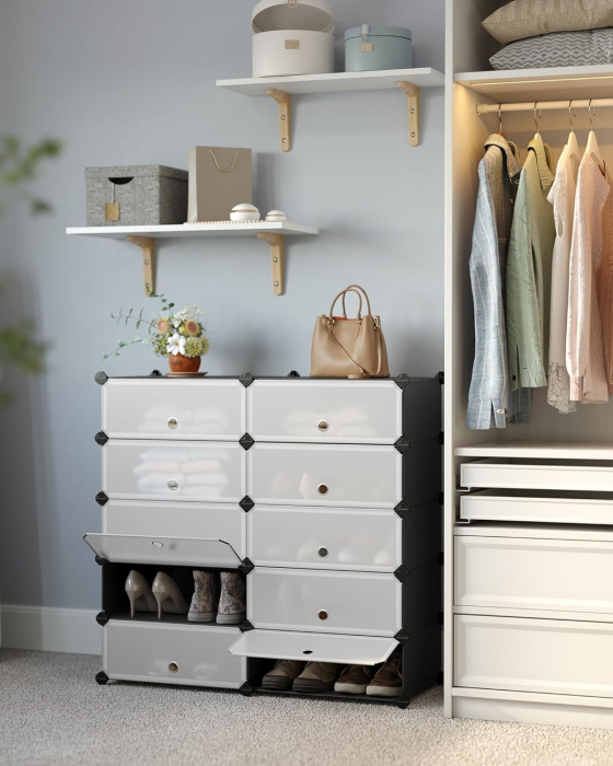 SONGMICS Dulap de depozitare pantofi modular, configurabil cu 10 compartimente, 43x31x173 cm, negru [2]