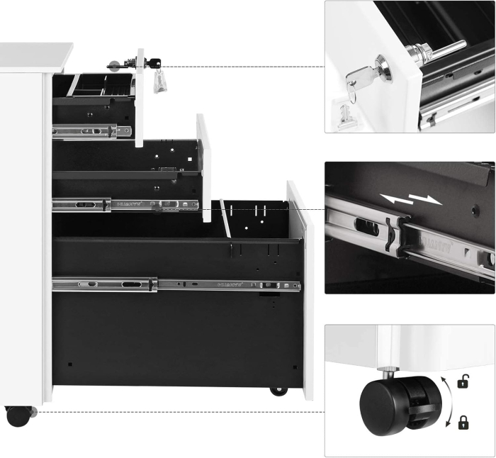 SONGMICS Dulap mobil tip rollbox pentru birouri, 3 sertare pentru documente A4, otel, 30x45x60 cm, alb [5]