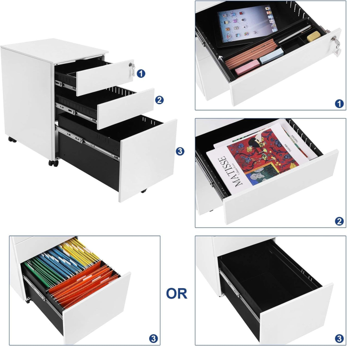 SONGMICS Dulap mobil tip rollbox pentru birouri, din otel, sertar cu sina dosare A4, 39x52x60 cm, alb [2]