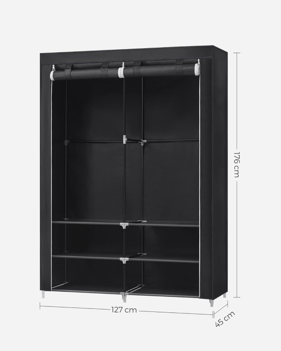 SONGMICS Dulap textil garderoba, 2 compartimente haine cu rafturi, cadru metalic, 127x45x176 cm, negru [3]