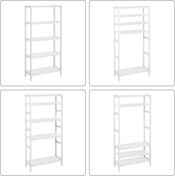 SONGMICS Etajera 5 niveluri, din bambus, pozitii reglabile, multifunctionala pentru bucatarie sau hol, 60x26x130 cm, alb [7]