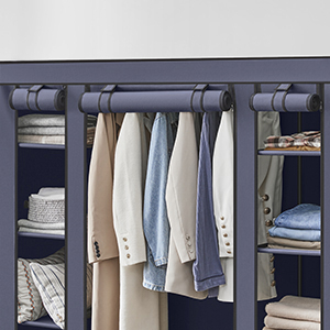 SONGMICS Garderoba din material textil, dulap portabil, cu rafturi si sina de agatat, 150x45x175cm, albastru [11]