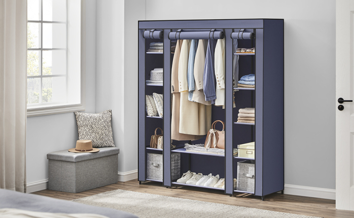 SONGMICS Garderoba din material textil, dulap portabil, cu rafturi si sina de agatat, 150x45x175cm, albastru [10]