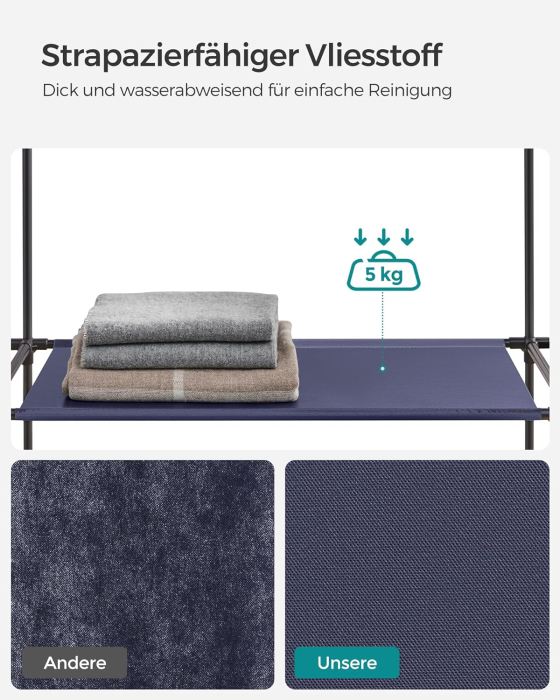 SONGMICS Garderoba din material textil, dulap portabil, cu rafturi si sina de agatat, 150x45x175cm, albastru [7]