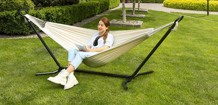 SONGMICS Hamac cu cadru metalic, reglabil la 5 inaltimi, maxim 240 kg, 300x90x95cm, bej [2]