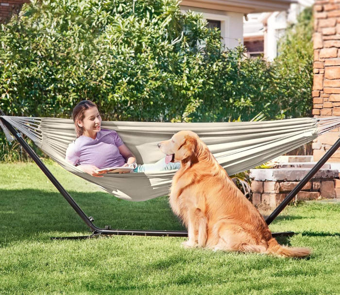 SONGMICS Hamac cu cadru metalic, reglabil la 5 inaltimi, maxim 240 kg, 300x90x95cm, bej [8]