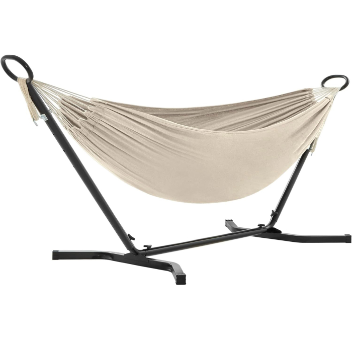 SONGMICS Hamac cu cadru metalic, reglabil la 5 inaltimi, maxim 240 kg, 300x90x95cm, bej [1]