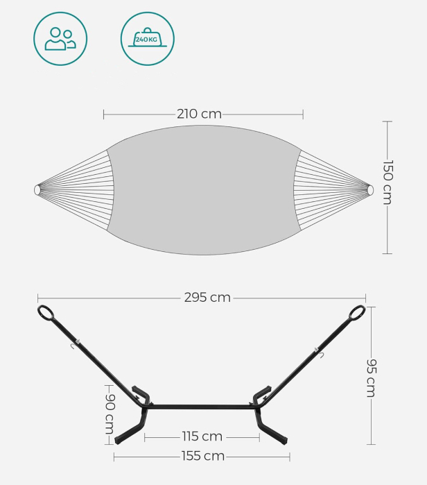 SONGMICS Hamac cu cadru metalic, reglabil la 5 inaltimi, maxim 240 kg, 300x90x95cm, bej [6]
