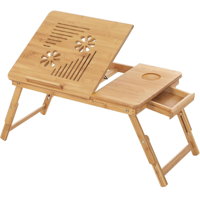 SONGMICS Masa de pat pentru laptop, plabila si reglabila, bambus, 55x35x29 cm, maro [1]