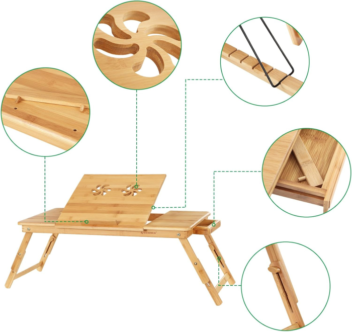 SONGMICS Masa pliabila laptop, din bambus, cu ventilatie si picioare ajustabile, 72x35x29 cm, natur [6]