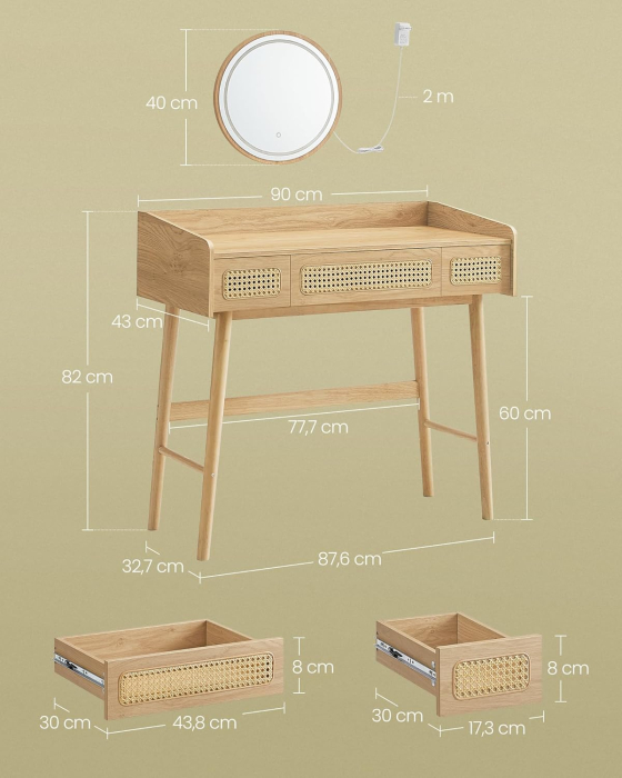 SONGMICS Masuta de toaleta cu oglinda iluminata LED, 3 sertare aspect ratan, stil boho, MDF si lemn, 88x43x82 cm, bej [2]