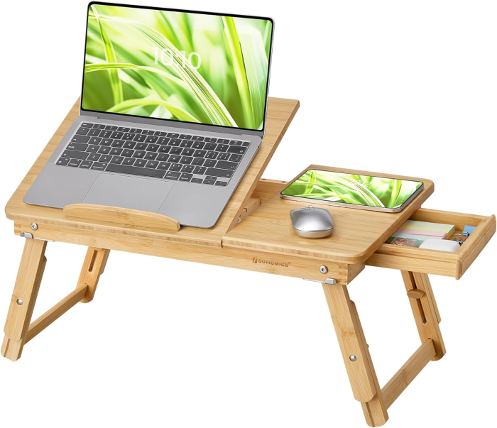 SONGMICS Masuta laptop sau mic dejun, din bambus, reglabila pe inaltime si unghi, cu sertar lateral, 68x35x22-32 cm, natural [3]