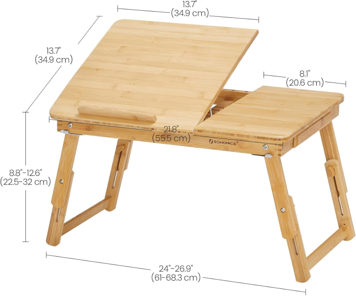 SONGMICS Masuta laptop sau mic dejun, din bambus, reglabila pe inaltime si unghi, cu sertar lateral, 68x35x22-32 cm, natural [2]