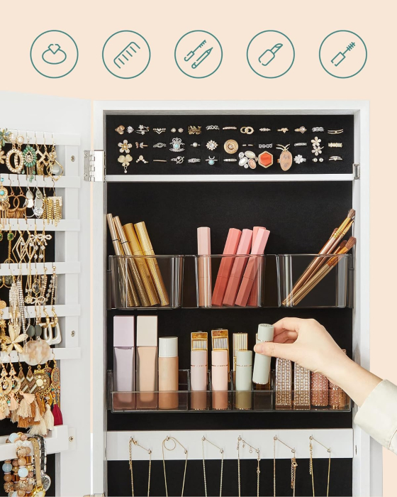 SONGMICS Oglinda de podea cu suport, design fara rama, cu spatiu de depozitare, 41x37x152cm, alb [7]