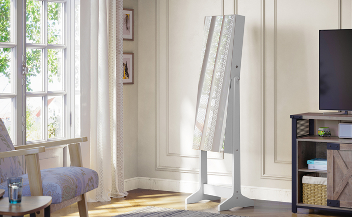 SONGMICS Oglinda de podea cu suport, design fara rama, cu spatiu de depozitare, 41x37x152cm, alb [9]