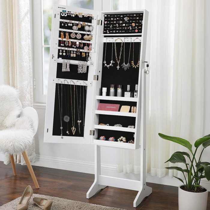 SONGMICS Oglinda de podea cu suport, din MDF, spatiu de depozitare, 41x37x152 cm, alb [1]