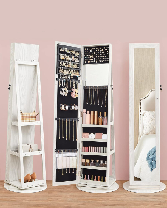 SONGMICS Oglinda de podea cu suport rotativ la 360°, cu spatiu de depozitare, 55x55x161cm, alb cenusiu [3]